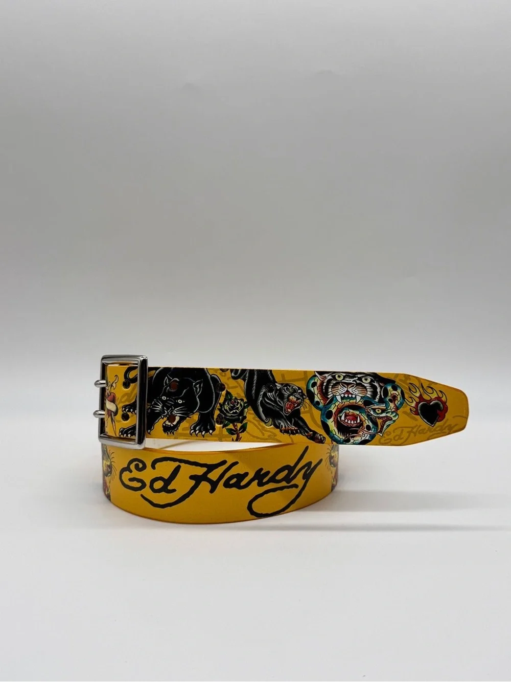Ed Hardy Panther Snake Studded Belt Yellow Y2K Tattoo Art Size 38 Brand New